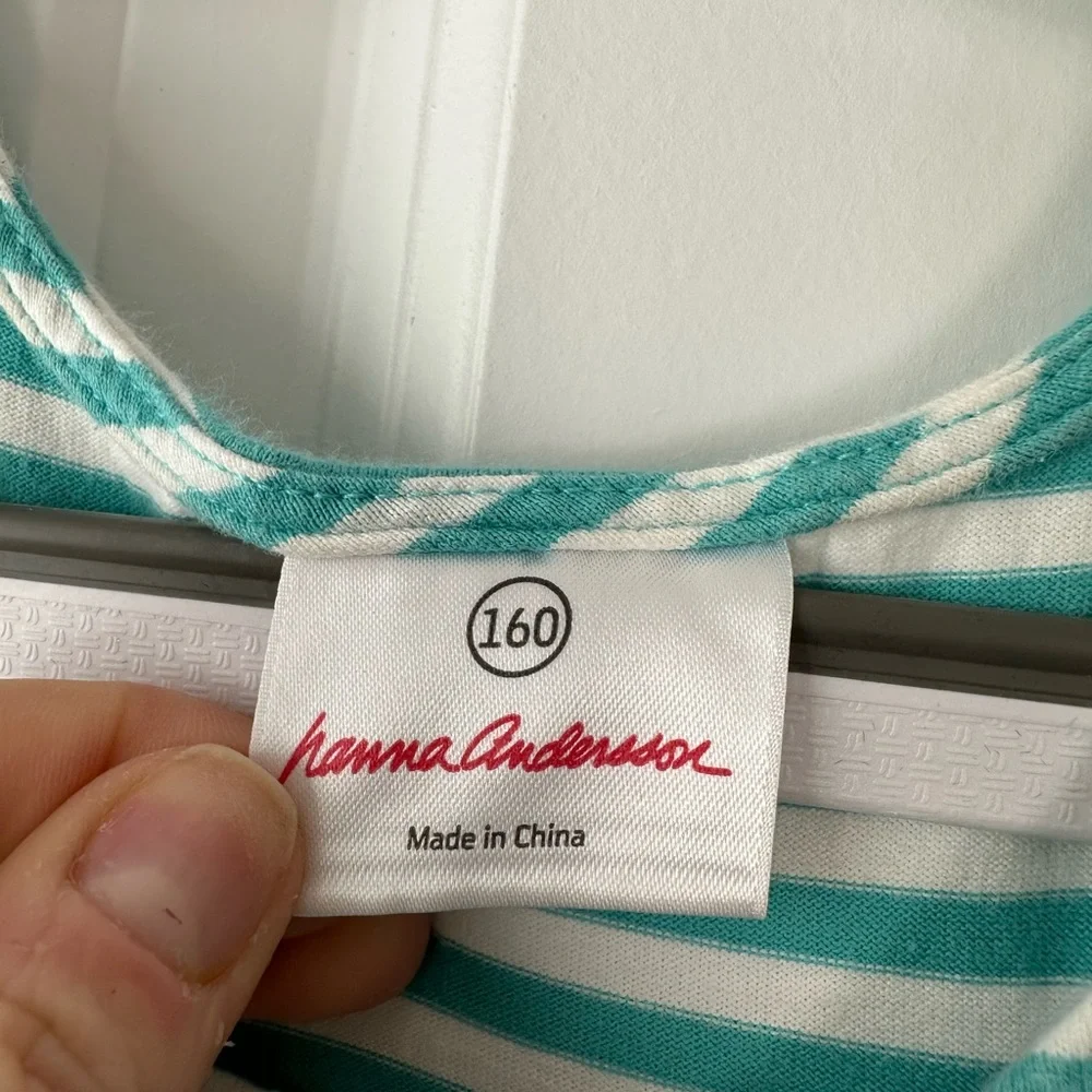 Hanna Andersson Girls Aqua And White Striped Tiered Tank Dress (Size 160)